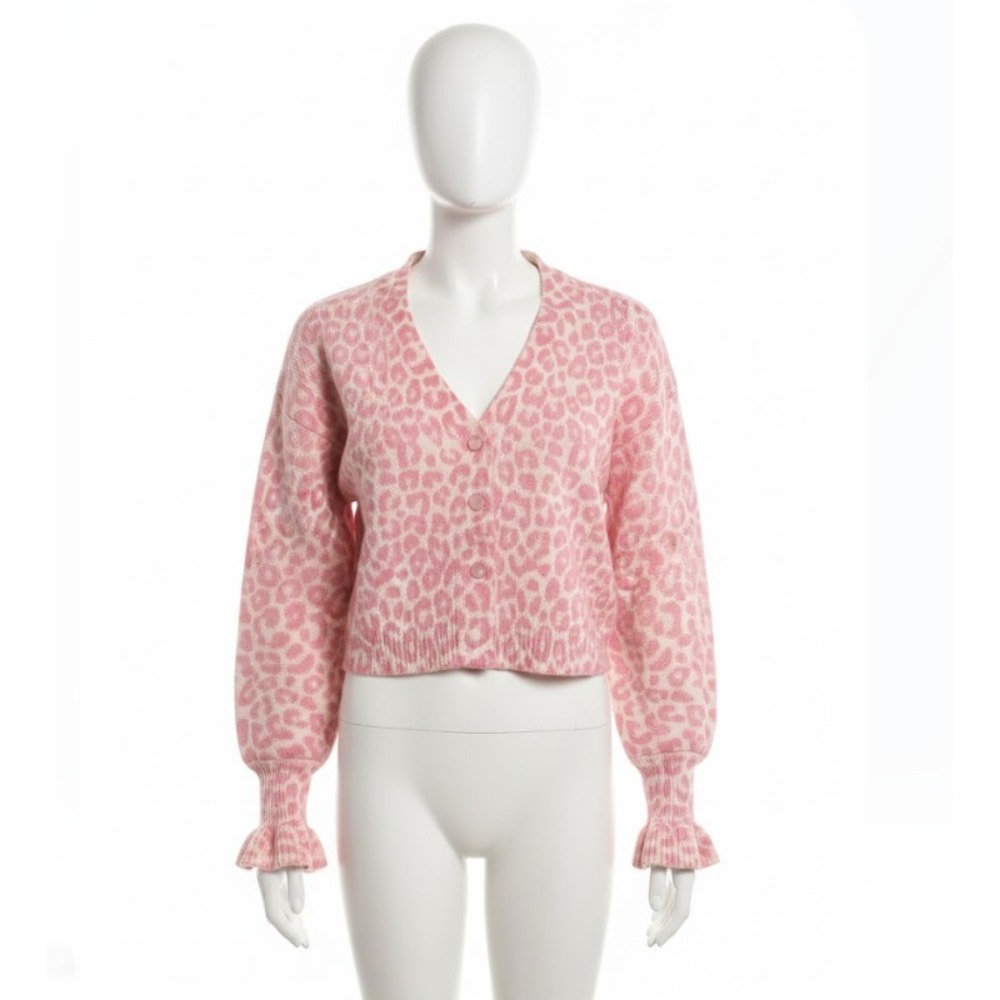 LoveShackFancy Sweater pink white Large Boscom Cardigan  Pink Leopard Knit
